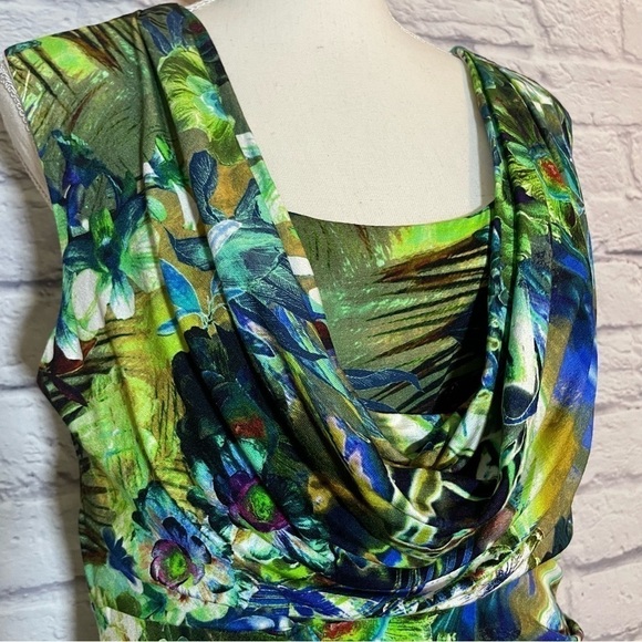 CARRE Noir Sleeveless Abstract Botanical Midi Dress Draped Neckline Size 14 - Picture 4 of 10